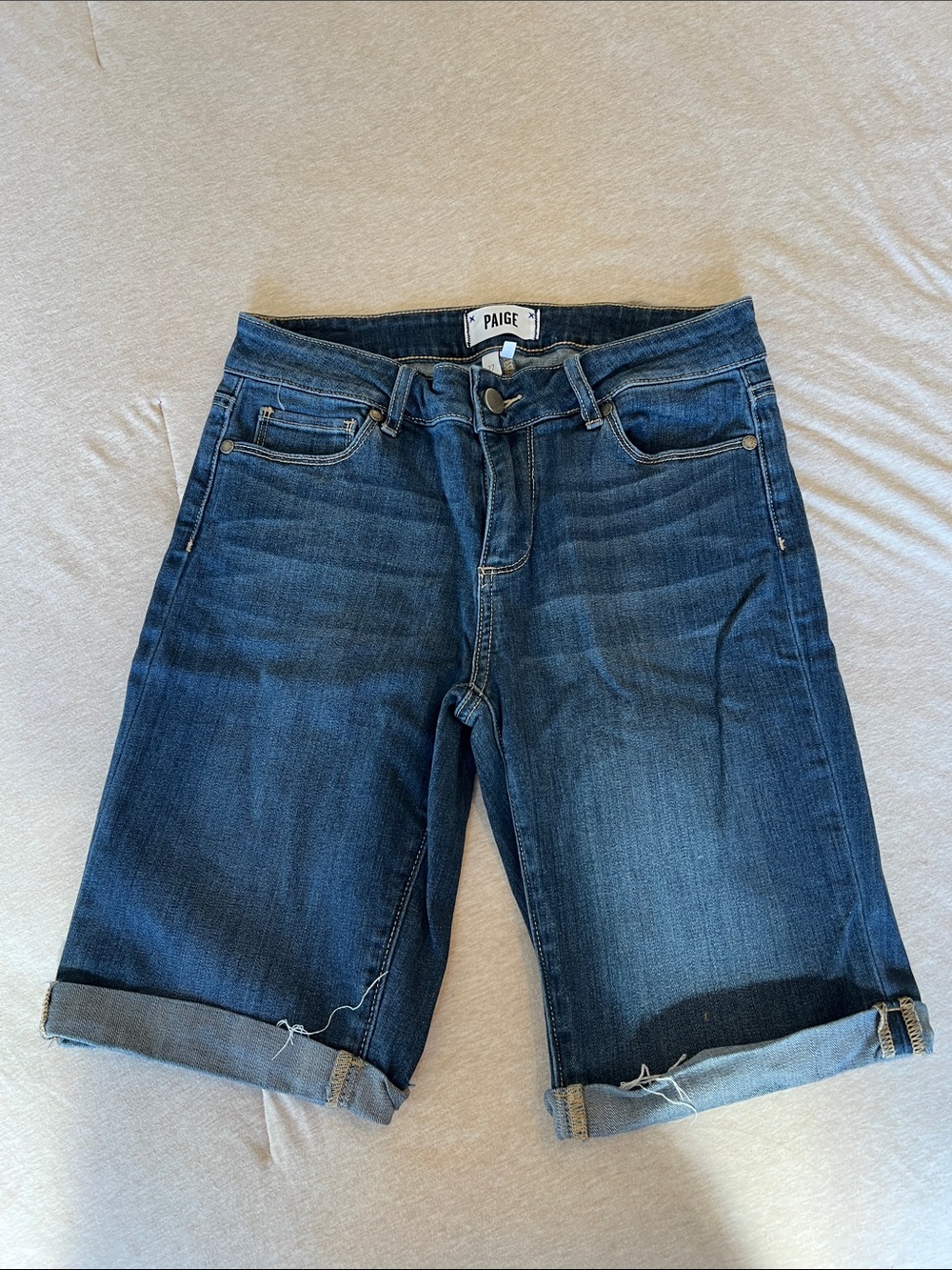 PAIGE Medium/Dark Blue Rolled Cuff Denim Bermuda Shorts